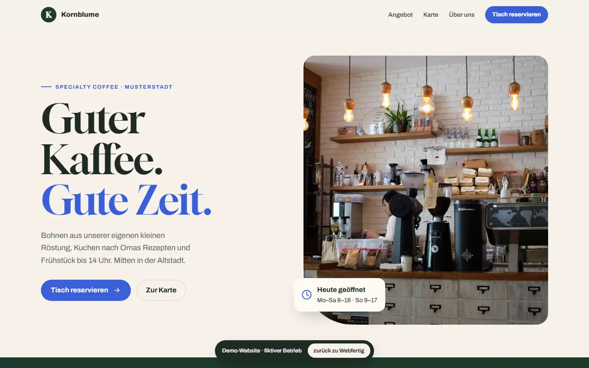 Startseite der Demo Café Kornblume Classic